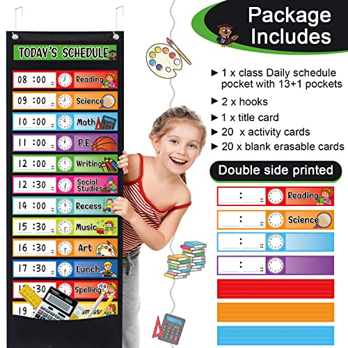 Daily Schedule Pocket Chart Kit,40 Bright Attractive Double-Sided Reusable Erasable Cards,1 Title Card,13+1 Scheduling Pocket Chart with 2 Hangers for Classroom Office Home Preschool Learning (Black) - color: Black
