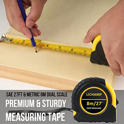 Lichamp 27FT/8M SAE and Metric Tape Measure 6 Pack, Retractable and Easy Read Measuring Tape Bulk Set, Min 1/8 inch Fraction and 1mm Scale