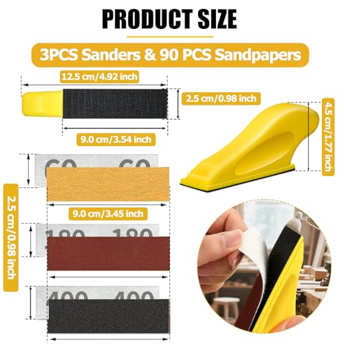 Mini Micro Gator Detail Sander 3 Pack with 90 Sheets 60 80 120 180 240 320 400 600 800 Grit Sandpaper Finger Sander for DIY Crafts Wood Finishing Tight Narrow Polishing