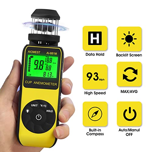 Handheld Anemometer Wind Cup 93MPH, AIOMEST 881M Air Flow Speed Meter Gauge