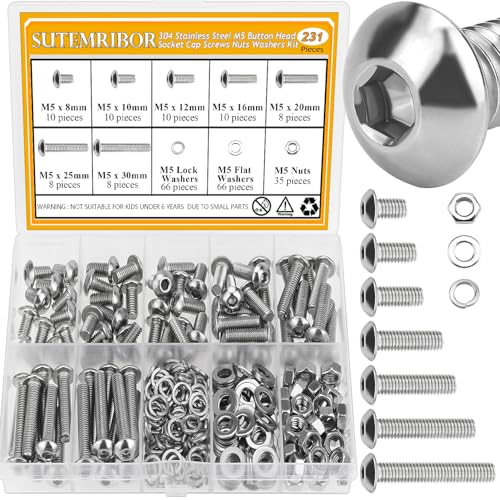 231 Pieces M5 Screws Nuts Washers Set, Sutemribor M5 x 8/10/12/16/20/25/30mm Button Head Socket Cap Screws Nuts Washers Assortment Kit, 304 Stainless Steel, Fully Threaded - size: M5, style: Button Head