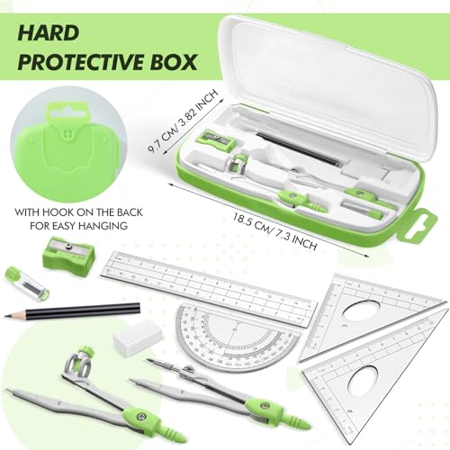 Zonon 10 Pcs Math Geometry Set for Student Compass Protractor, Green - color: Green