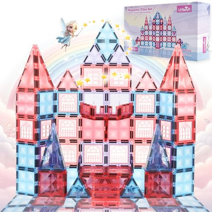 Little Pi 104pcs Frozen Princess Castle Magnetic Tiles Building Blocks - 3D Diamond Blocks, STEM Educational Toddler Toys for Pretend Play, 4 Year Old Girl Birthday Gifts Kids Ages 3 5 6 7 8 - Pink - color: Pink Castle