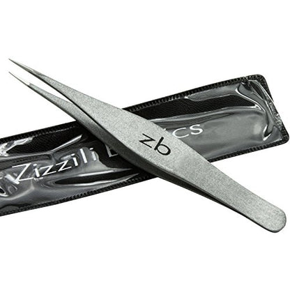 Ingrown Hair Tweezers by Zizzili Basics - Surgical Grade Stainless Steel Fine Pointed Tweezer - Precision Aligned Tips for Splinter, Eyebrow & Facial Hair Removal - with Bonus Tip Guard & Carry Pouch - color: Silver