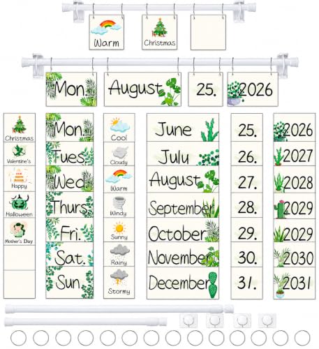96 Cards Classroom Bulletin Board Decorations Set for Teachers,Flip Calendar with Holder for Classroom,Adjustable Calendar,Preschool Elementary Home Decor Supplies（Boho Greenery Plant） - style: Plant