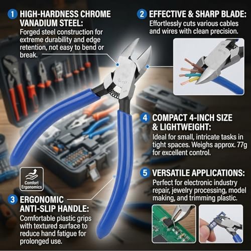 Wire Cutter Electric Wire Clipper, 4 Inches Cable Wire Flush Cutter, Side Cutter Diagonal Wire Cutting Pliers, Small Wire Cutters for Electronics Crafts Artificial Flowers Fencing Chicken Wire