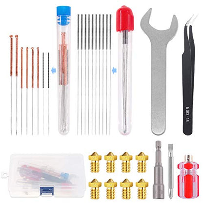 Glarks 29Pcs 3D Printer Nozzle with Nozzle Replacement Tool Kit, 6Pcs 0.2mm,0.3mm, 0.4mm, 0.5mm, 0.6mm, 0.8mm Brass Nozzle and 18Pcs Cleaning Needles and 3Pcs Nozzle Change Tool with Tweezer