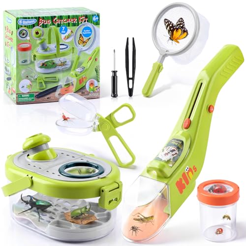 Bug Catcher Kit for Kids with Light and Insect Habitat - Outdoor Exploration Toys for Boys Girls Ages 6+, STEM Educational Toys Set Includes Net, Tweezers, Magnifying Glass Cup, Screwdriver - color: Green