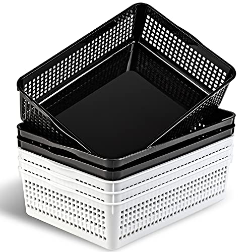 Eslite A4 Size Plastic Storage Basket,Desktop File Paper Letter Organizer Tray, 6-Packs (White+Black) - color: White+Black