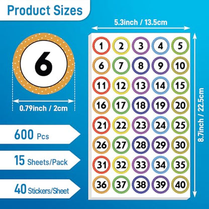 600 Pcs 1 Inch Number Stickers for Classroom 1-40 - color: 1-40 Stickers(600 Pcs)