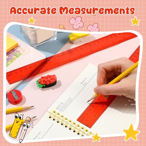 EBOOT 2 Pack Plastic Ruler Straight Clear Measuring Tool, Red, 12 Inch - color: Red, size: 12 Inch