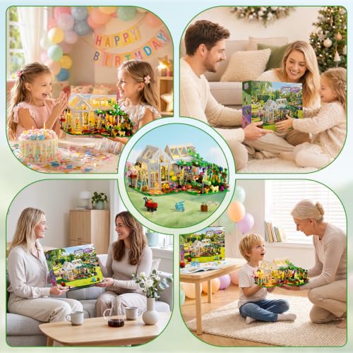 Flower House Building Set with LED Light, Botanical Greenhouse Garden Building Kit for Adults, 1185 PCS Creative Modular Flower House Playset with Fruits & Plants, Ideal Gift for Teens & Kids 8+