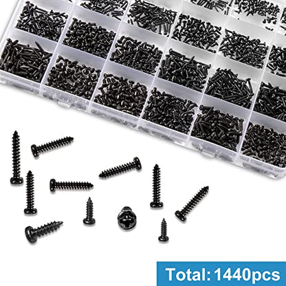 1440 Pcs Black Mini Phillip Pan Head Micro Electronic Screws - M1.2, M1.4, M1.7, M2, M2.3 - 24 Size Assortment Screw Kit
