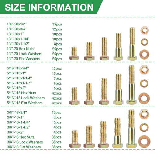 FOLIV 523PCS Grade 8 Bolts and Nuts Assortment Kit, Heavy Duty Nut and Bolt Assortment, 1/4-20 5/16-18 3/8-16 SAE Hex Bolts, Length from 1/2" to 1-1/2" - size: 523PCS 1/4-20 5/16-18 3/8-16