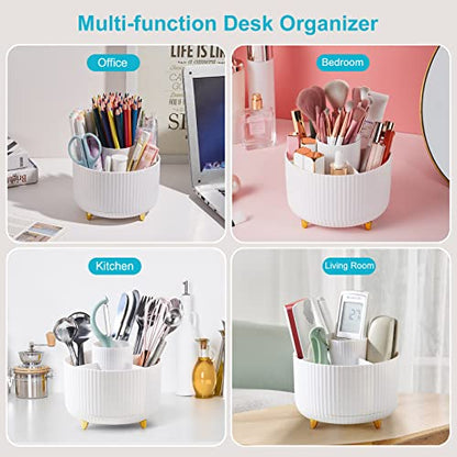 Desk Pencil Pen Holder - 5 Slot 360 Degree Rotating Desk Pen Organizer for Desktop Storage Stationery Supplies Cup Pot - White - color: White