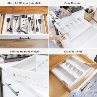 KitchenEdge Utensil & Junk Drawer Organizer, 16-28 in, White Bamboo - color: White Bamboo, size: From 16" to 28" Wide