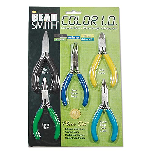 The Beadsmith Color‑ID Plier Set, 5 Piece Jewelry Tool Kit with Comfort Grip Handles, Includes Round, Flat, Bent, Chain Nose & Side Cutter, 5 Inch Lap‑Joint Pliers