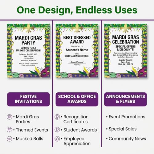 PaperDirect Mardi Gras Affair Border Papers, Party Stationery with Yellow Green Purple Harlequin Diamonds, Mask and Coins, 8.5 x 11, Acid-Free, Ideal for School, Business, Cards, 25 Sheets - color: Mardi Gras Affair