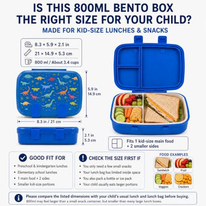 MISS BIG Kids Bento Lunch Box, Blue Dinosaur, Microwave Safe, 800ml - color: Blue Dinosaur