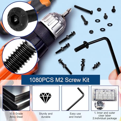 1080PCS M2 Screw Assortment Kit, M2x4/6/8/10/12/16/20/25mm M2 Screw Kits - size: M2