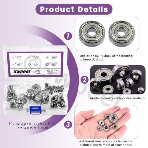 Swpeet 60Pcs 6 Sizes 693ZZ, 623ZZ, 624ZZ, 685ZZ, 687ZZ,627ZZ Ball Bearings Assortment Kit, Carbon Steel Deep Groove Bearings, Double Shielded Bearings, Small Bearing