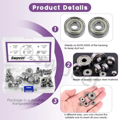 Swpeet 60Pcs 6 Sizes 693ZZ, 623ZZ, 624ZZ, 685ZZ, 687ZZ,627ZZ Ball Bearings Assortment Kit, Carbon Steel Deep Groove Bearings, Double Shielded Bearings, Small Bearing