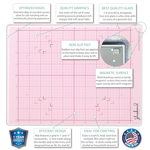 GLASSBOARD STUDIO Glass Craft Mat - Magnetic, Heat & Scratch Resistant - For Crafting, Cutting, Painting, Mixed Media Artwork - Grid Lines, Non-Slip Rubber Feet (Blush 9"L x 12"W) - color: Blush, size: 9"L x 12"W