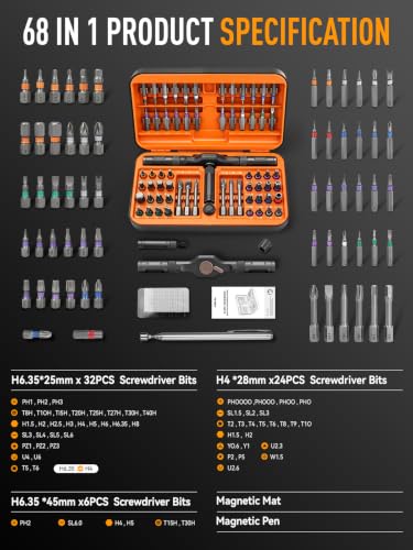 KELIN 68 IN 1 Magnetic Ratchet Screwdriver Set with Detachable T Handle - color: Orange, size: 68 PCS