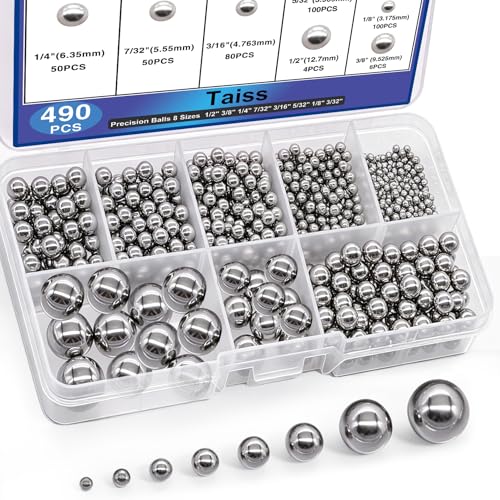 Taiss 490PCS Precision Balls 8 Sizes,Bicycle Bearing Balls 1/2" 3/8" 1/4" 7/32" 3/16" 5/32" 1/8" 3/32" Precision Steel Ball Assortment Kit,Metal Balls F-099-490PCS-GE - size: 490PCS 8 Sizes chrome steel Ball