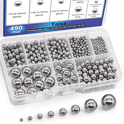 Taiss 490PCS Precision Balls 8 Sizes,Bicycle Bearing Balls 1/2" 3/8" 1/4" 7/32" 3/16" 5/32" 1/8" 3/32" Precision Steel Ball Assortment Kit,Metal Balls F-099-490PCS-GE - size: 490PCS