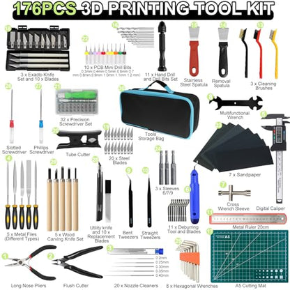 176 PCS 3D Printing Tool Kit, 3D Printing Accessories with Nozzle Cleaning Kit, Deburring Tool, Digital Caliper, Smoothing Tools, 3D Printer Tools for Model Measuring Removing Finishing 3D Print - color: 176PCS