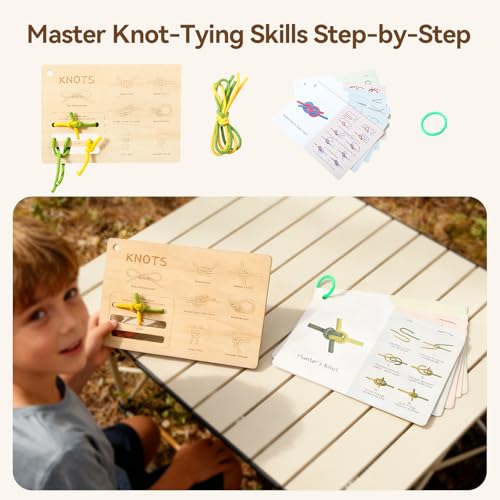Kids Outdoor Explorer Kit Ages 4–8, Wooden Binoculars, Compass and Knot-Tying Board, Nature STEM Learning & Camping Toy Birthday Gift for Boys and Girls
