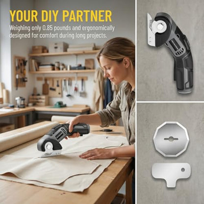 4V Cordless Electric Scissors, Lightweight Rotary Cutter with 2 Blades & USB Charging, for Cardboard Fabric Leather Carpet Plastic Rope Cutting, Safety Lock for Home DIY Craft Use
