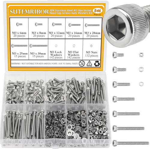 546 Pieces M3 Screws Nuts Washers Set, Sutemribor M3 x 6/8/12/16/20/25/30mm Hex Socket Head Cap Screws Nuts Washers Assortment Kit, 304 Stainless Steel, Fully Threaded - size: M3, style: Socket Head