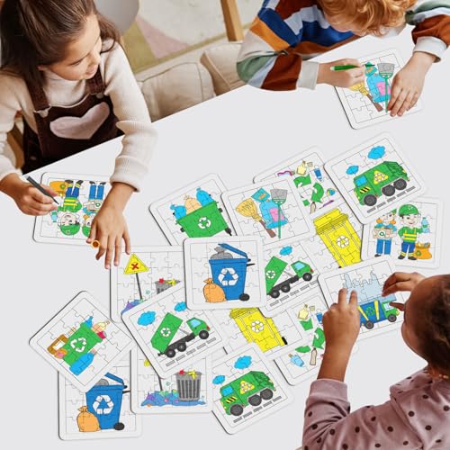 Cinrobiye 24PCS Garbage Truck Coloring Jigsaw Craft Kit for Kids, DIY Recycling Vehicle Activity Set Bulk with 12 Designs, Trash Day Birthday Party Favors, Classroom Learning Projects - color: Garbage
