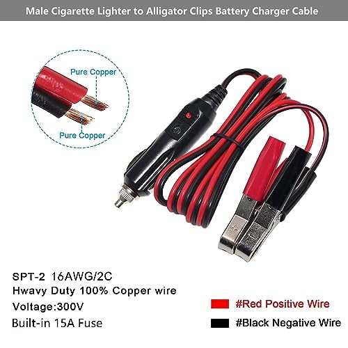 Alligator Clamp to Male Cigarette Lighter Extension Cable - 12V-24V Jumper Battery Charge Cord 3FT Automotive Electrical Clip-on Cable 16 AWG Heavy Duty 15A Fuse, with a Replacement 15A Fuse (1 Pack)