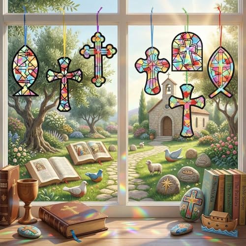 Eersida 32Set Christian Cross Craft Kit,Religious Bible Suncatcher Bulk DIY - style: Vacation Bible School Style