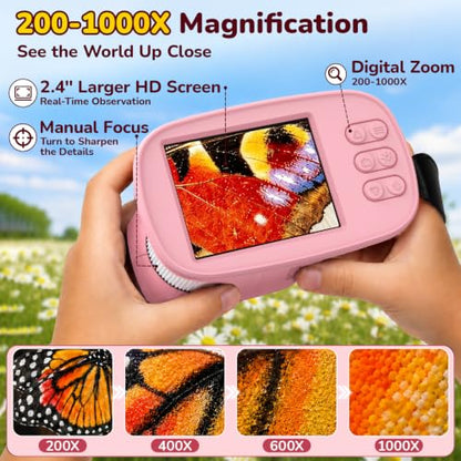 1000X Handheld Digital Microscope for Kids: Includes 32GB Card & EVA Case - color: Pink