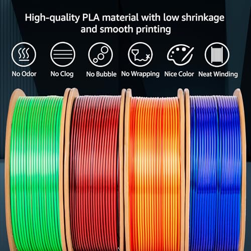 Silk 3D Printing Filament PLA+ Tricolor and Dual Color 4-Pack Bundle - 1.75mm 3D Printing PLA Pro 250g x 4 Spools, Rose Red&Sky Blue&Green, Rose Red&Dark Blue&Green, Gold&Red, Black&Red - color: 2 Tricolors+2 Dual Colors Pack 1, size: 250g 4 Packs
