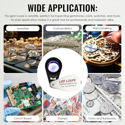 20x Foldable Pocket Magnifier Jewelers Loupe with UV and LED Light for Jewelry, Rocks, Coins, and Antiques - Illuminated Magnifying Tool for Eye, Stamps, Watches, Hobbies, and Gems - color: 20x Magnification