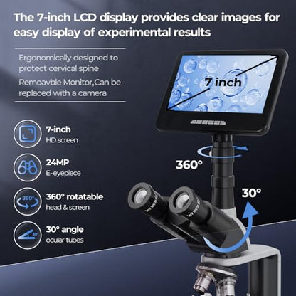[24MP Smart Monitor] Vabiooth Lab Compound Trinocular Microscopes 40X-2500X Magnification with 7" Monitor Free Software-One Click Capturing Images & Video, Measuring Lengths, Wide-Field Eyepieces - style: 24MP 7" Screen Trinocular