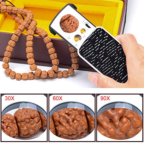Slide Out Jewelry Loupes Magnifier Portable Pocket 30X 60X 90X Handheld Magnifying with 2 LED 1 Light Professional Protective Glass Loupe for Jewelry Rocks Stamps Coins Antiques Watches