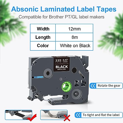 Absonic Tz-335 White on Black Label Tape Compatible for Brother Tze-335 P Touch Label Tape Tze Tz 12mm 0.47 Laminated Black for Ptouch Label Maker PTD220 PTH110 PTD210 PTD600 PTD400 PT1880, 4 Pack - color: White on Black