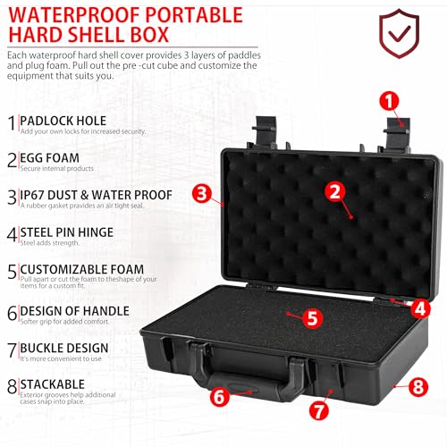 TORIBIO Hard Carrying Case with Foam,Shockproof Storage Box 13.6"x8.3"x2.5" - size: 13.6" x 8.3" x 2.5"