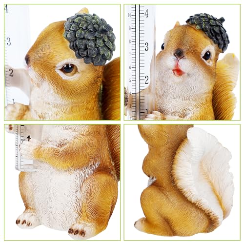 FORUP Resin Squirrel Rain Gauge, Hand Painted Squirrel Sculpture Water Gauge