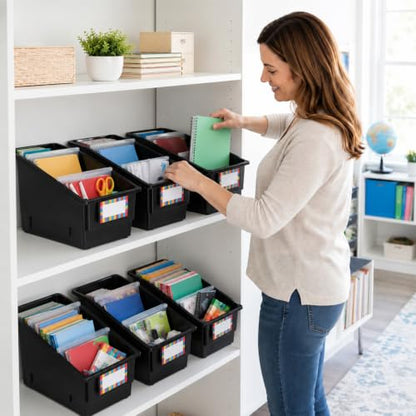 6 Pack Picture Book Bins with Dividers for Classroom, Black - color: Black