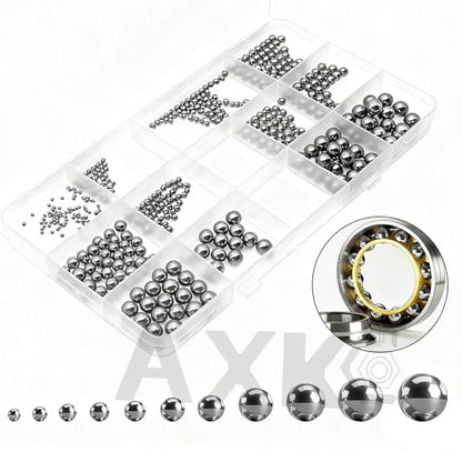 AXK 550PCS Loose Ball Bearings Assortment Kit, 11 Sizes (2mm-8mm) GCr15 Steel Precision Bicycle Bearing Balls, High Hardness Smooth Steel Balls for Bike Wheel, Motorcycle, Caster, Furniture Repair