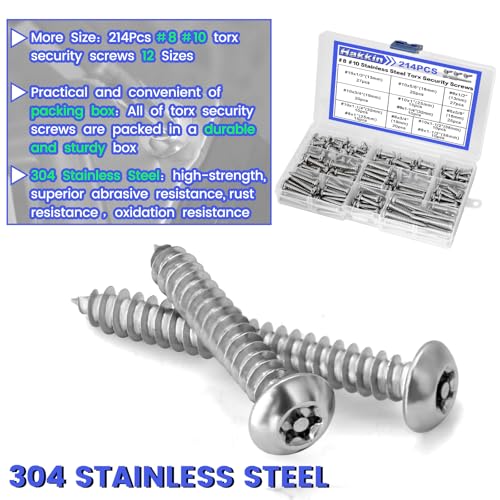 214Pcs #8#10 Button Head Torx Security Sheet Metal Screws (Length 1/2” 5/8'' 3/4'' 1" 1-1/4'' 1-1/2”), Stainless Steel Tamper Resistant Self Tapping Screws, Anti-Theft Screws with Bit T20 T25 - size: A. #8#10
