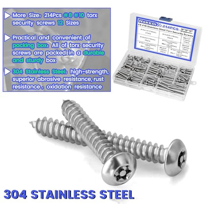 214Pcs #8#10 Button Head Torx Security Sheet Metal Screws (Length 1/2” 5/8'' 3/4'' 1" 1-1/4'' 1-1/2”), Stainless Steel Tamper Resistant Self Tapping Screws, Anti-Theft Screws with Bit T20 T25 - size: A. #8#10