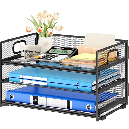 Subekyu 3 Tier Paper Letter Tray Organizer for Desk, Black Metal Mesh Desk File Folder Sorter Organizer with Handle and Sliding Tray for Home, Office, School Supplies Organization Storage - color: Black, size: 12.6" x 9.1" x 8.1"